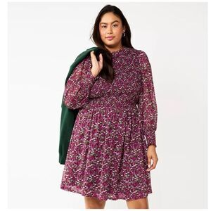 Draper James Long Sleeve Smocked Mini Dress Womens Plus 1X Pink Purple Floral